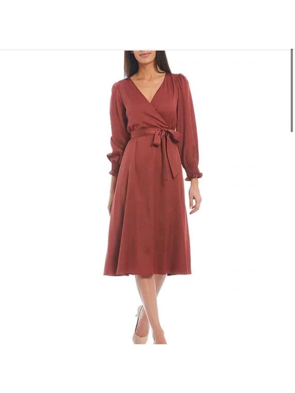 Just Taylor - Burgundy Long Sleeve Midi Wrap Dress, Size 8